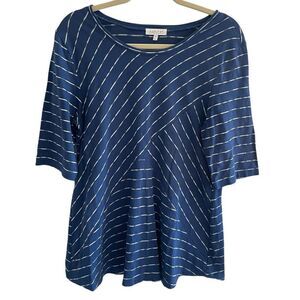 Habitat Blue White Striped Top Women’s Size Medium Nautical Cotton Elbow Sleeve